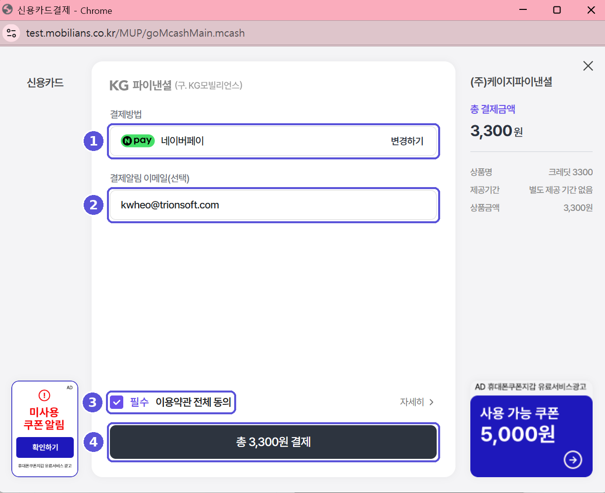 결제 창 — 결제방법 확인과 약관 동의