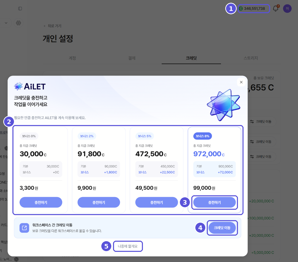 크레딧 클릭 → 크레딧 충전 창