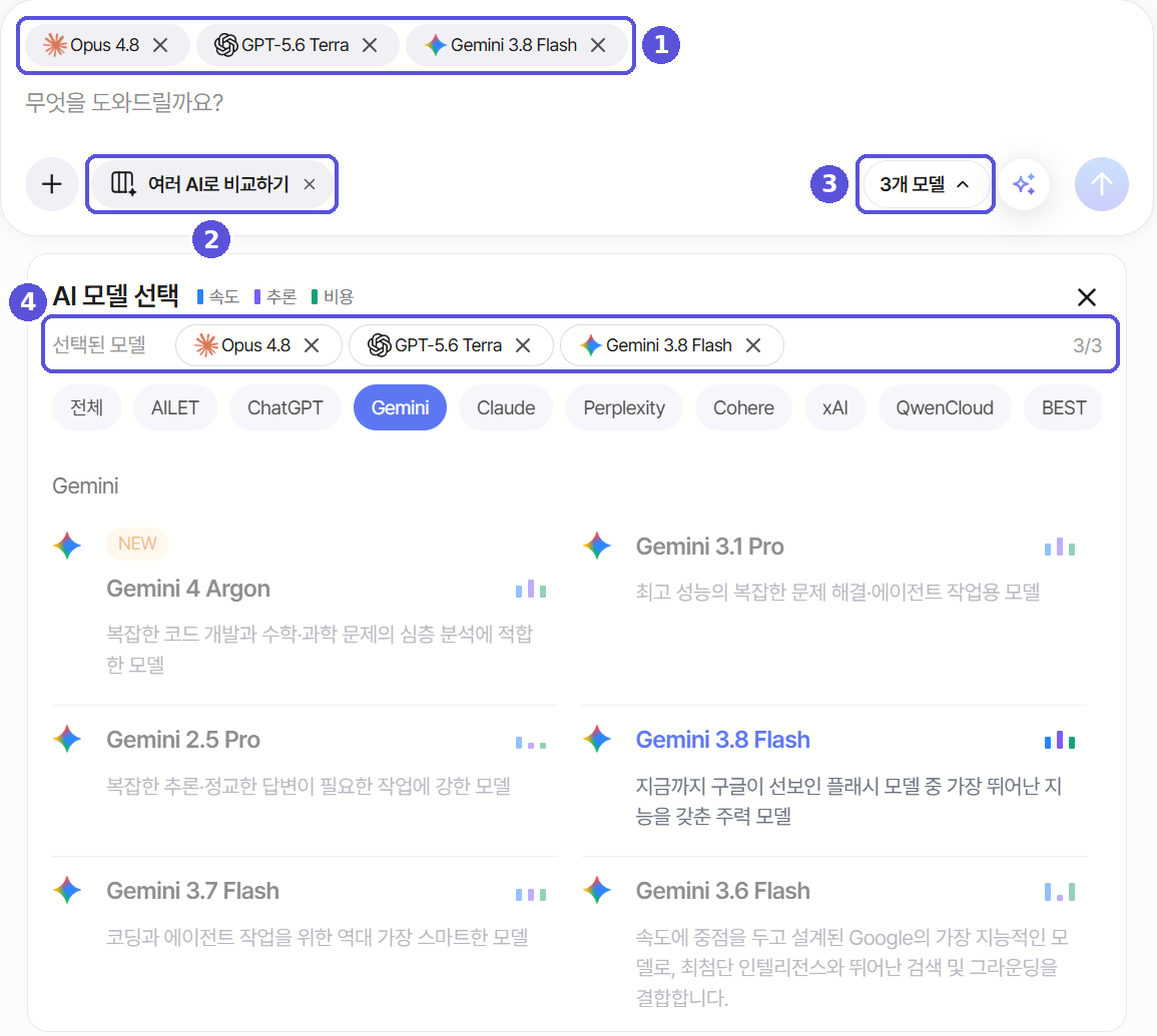 AI 모델 선택 팝업 — 번호 표시