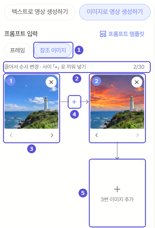참조 이미지 여러 장을 순서대로 넣은 화면