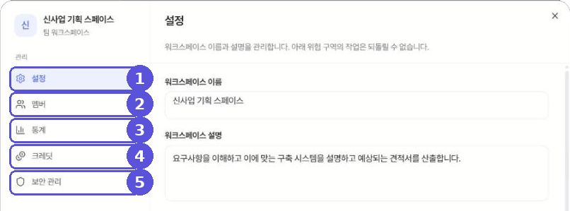 워크스페이스 관리 화면