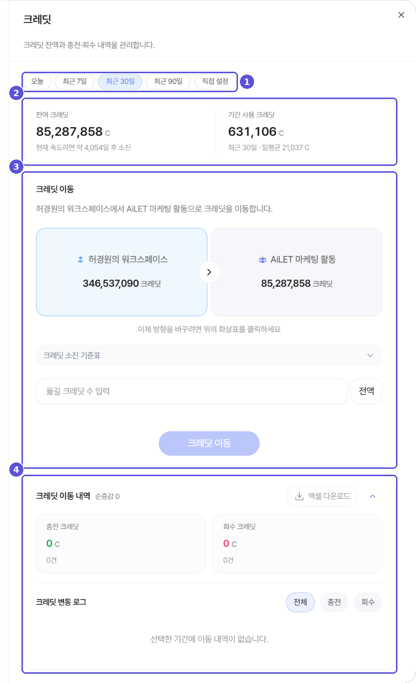 팀 워크스페이스 크레딧 화면