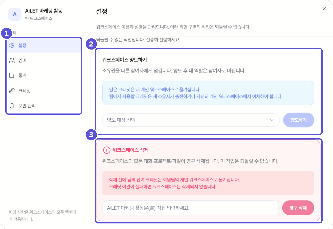 소유자가 보는 설정 화면의 위험 구역 — 양도하기와 삭제