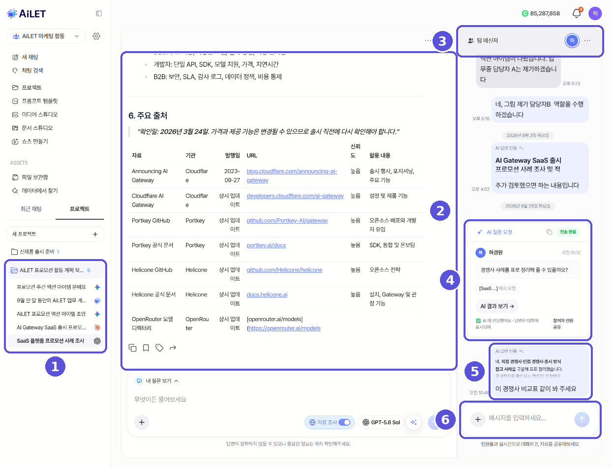 소유자 화면 — 사이드바 프로젝트 대화 목록, AI 대화, 팀 메신저